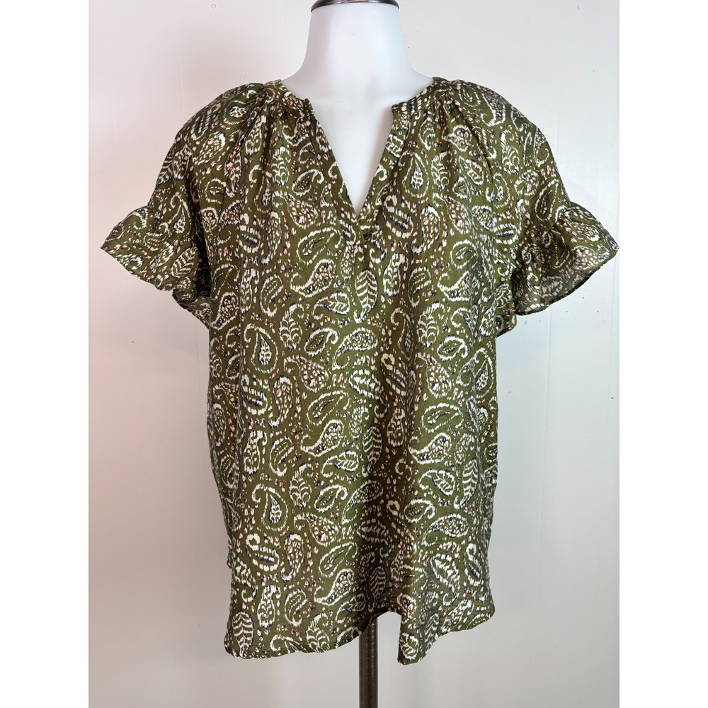 Ophelia Roe Top Large Green Paisley Flutter Sleeve V-Neck Lightweight Blouse